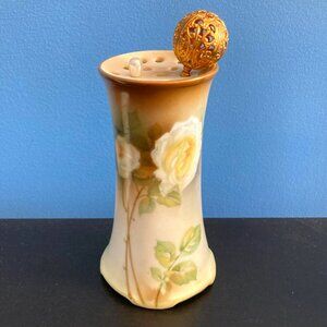 Antique German white rose hat pin holder with 2 pins